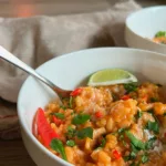 Red Thai Curry Risotto in a white bowl side picture