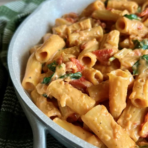 Vegan Creamy One Pot Pasta in a white frying pan side angle