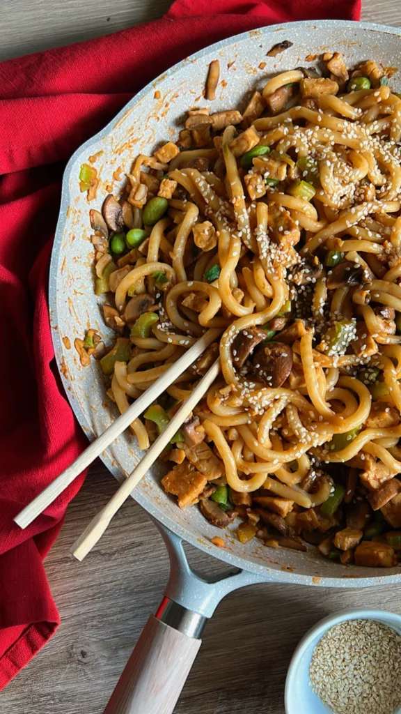 Vegan Peanut Noodles recipe with chop sticks