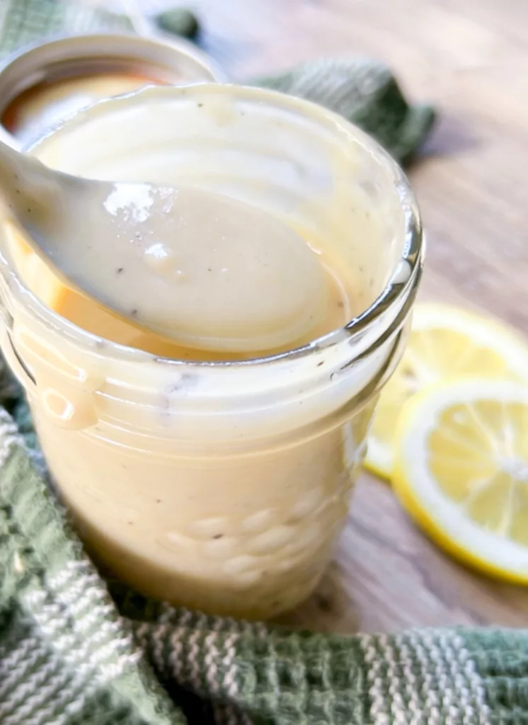 Easy Maple Tahini Sauce in a mason jar