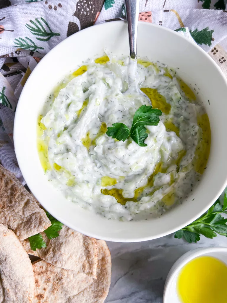 vegan tzatziki in white bowl top angle