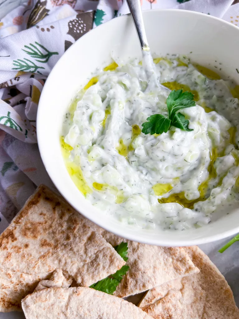 vegan tzatziki in white bowl