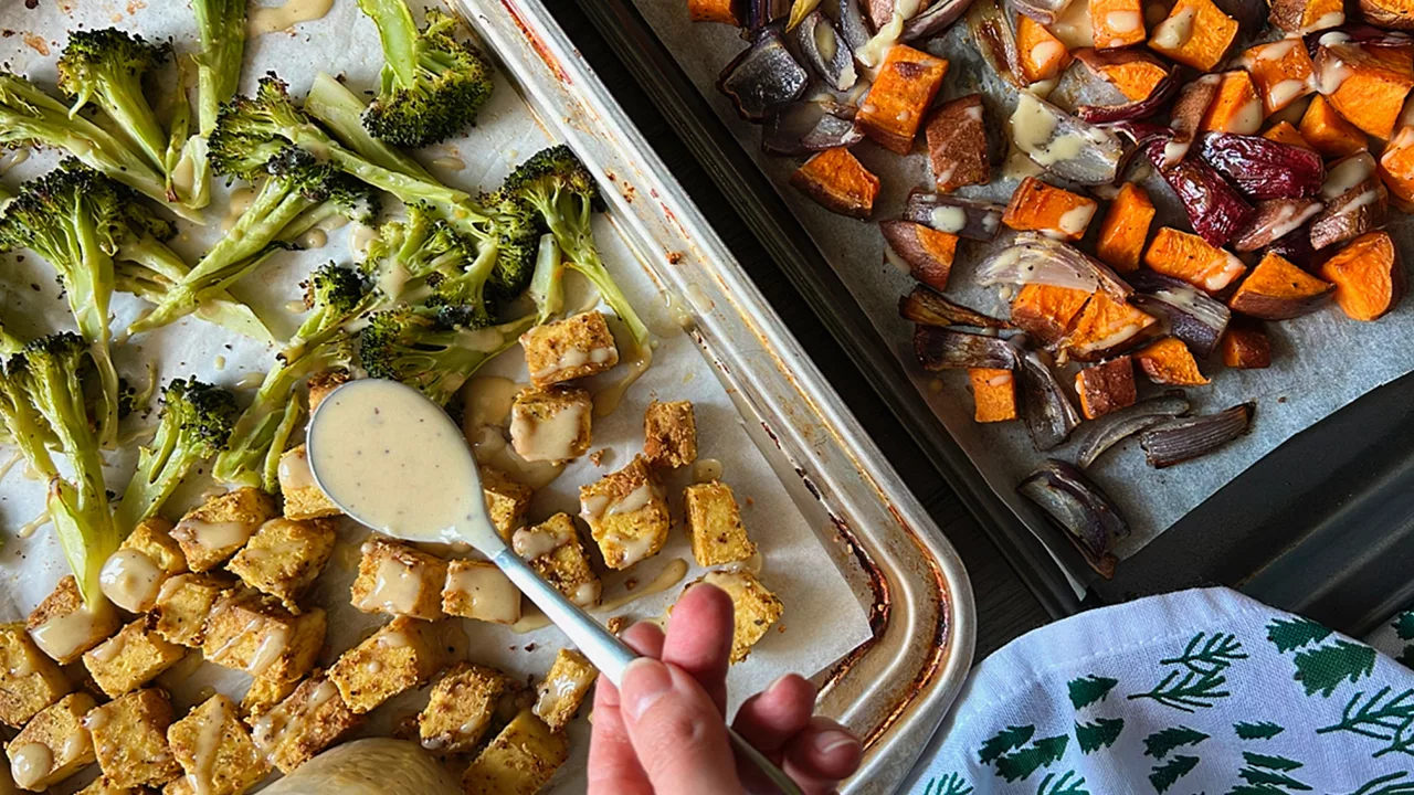 Easy Tofu Sheet Pan Dinner with Tahini Sauce Essy Cooks