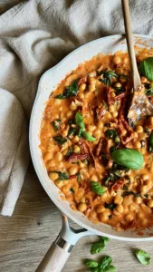 Creamy One Dish Tuscan Chickpea in pan