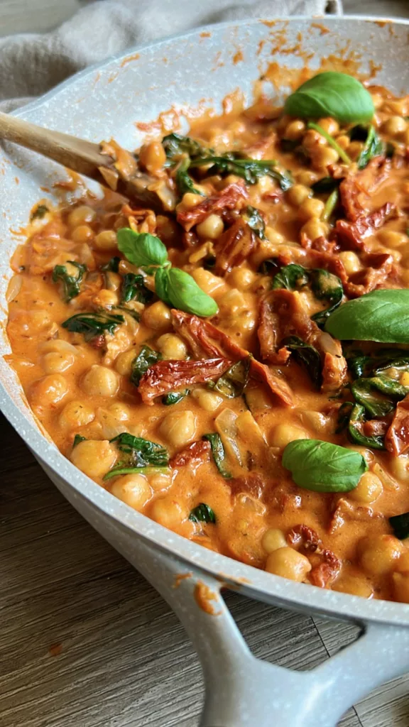 Creamy One Dish Tuscan Chickpea recipe on pan