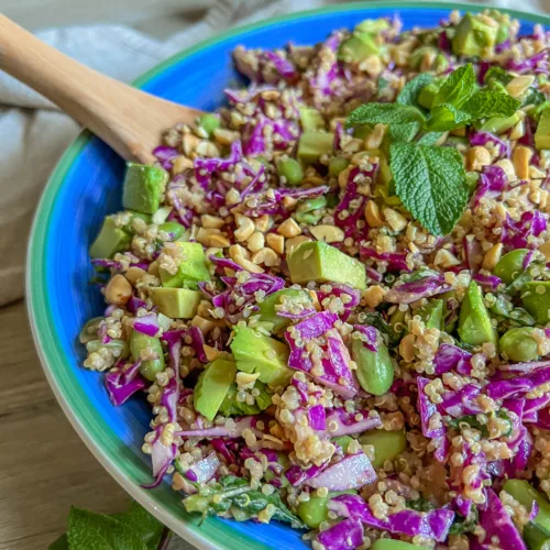 Edamame Cabbage Quinoa Asian Salad with Peanut Dressing Vegan