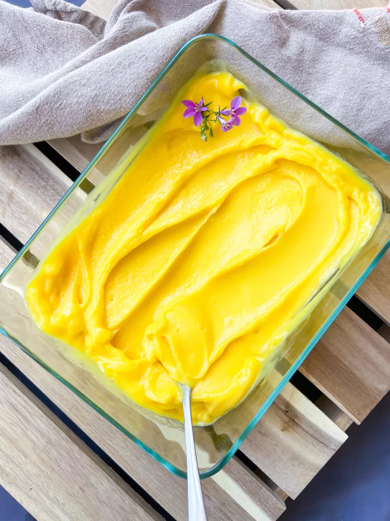 vegan Mango sorbet in glass serving jar
