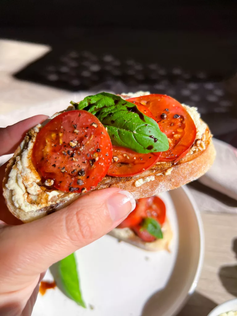 tomato toast with vegan creme cheese