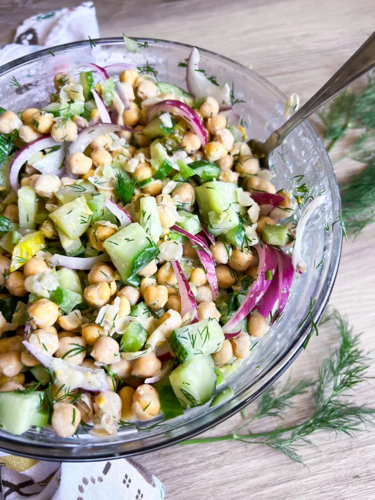 dill pickle chickpea salad in bowl