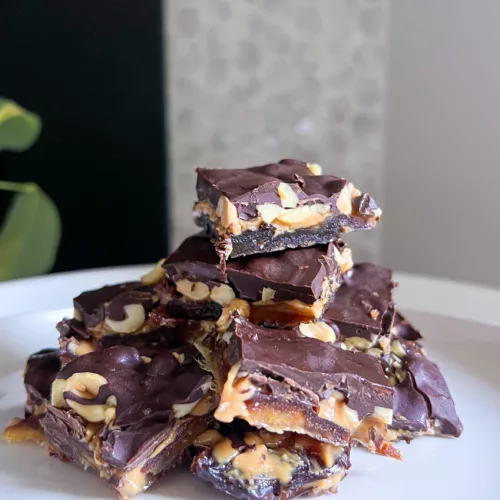 snickers date bark cut into squares