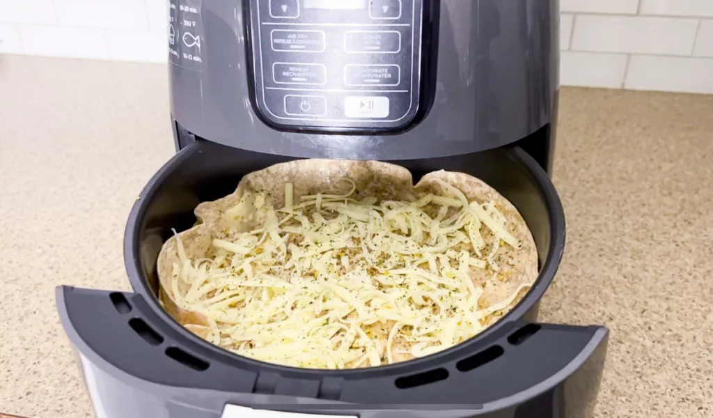 tortilla garlic bread going into air fryer