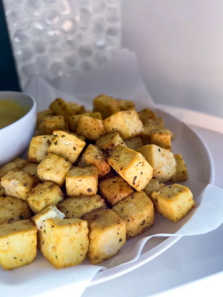 baked tofu bites on white plate