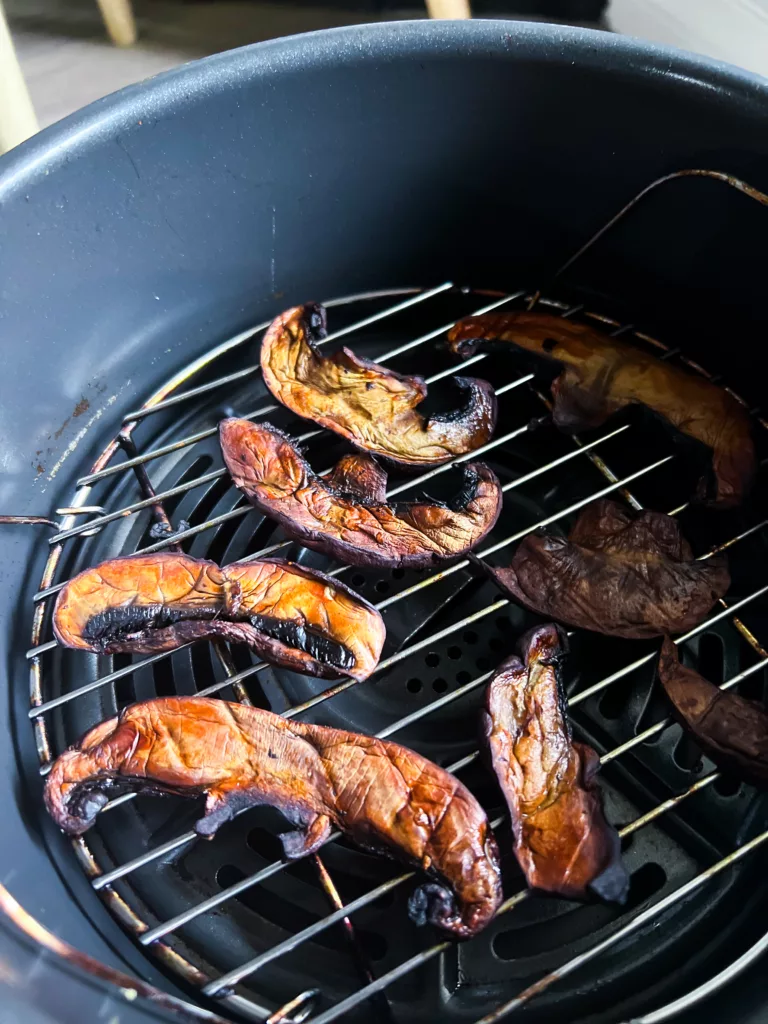 vegan mushroom bacon in air fryer after cooking