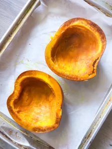 roasted pumpkin on backing sheet face up