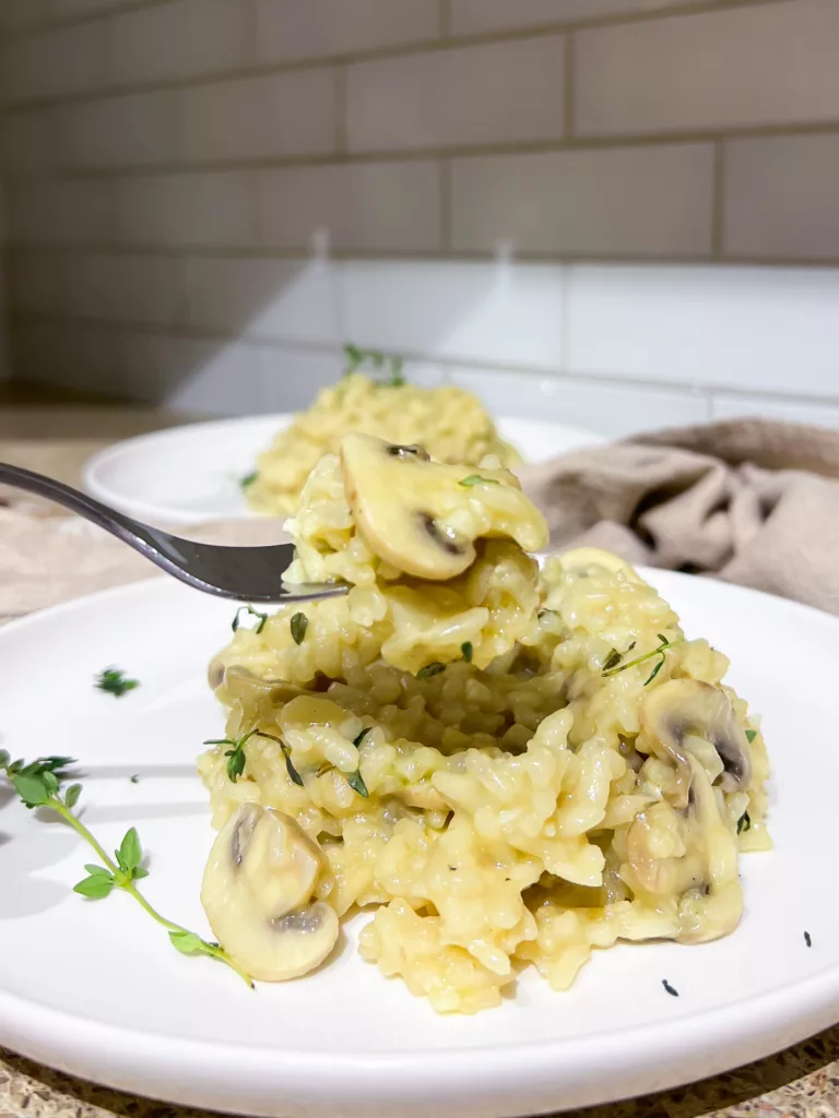 vegan mushroom risotto on fork