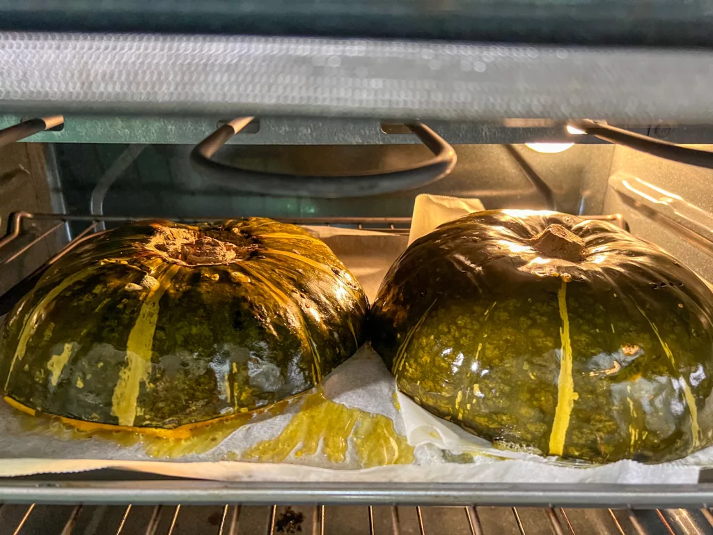 Vegan Acorn Squash cooking in oven