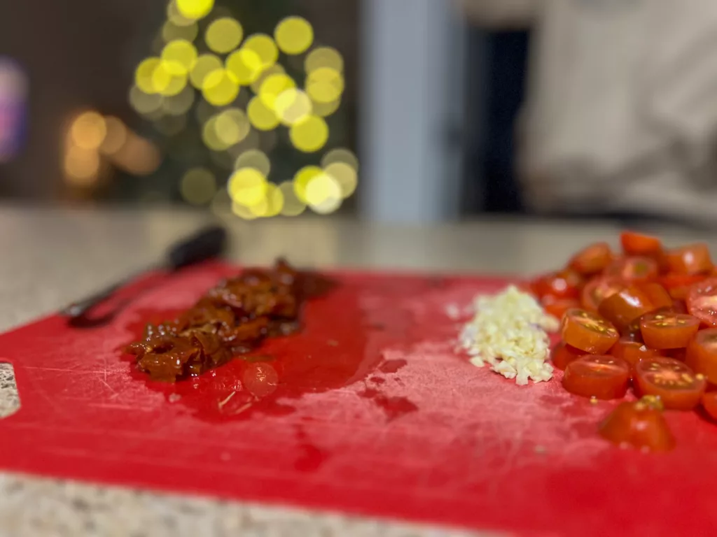 orzo ingredients on cutting board