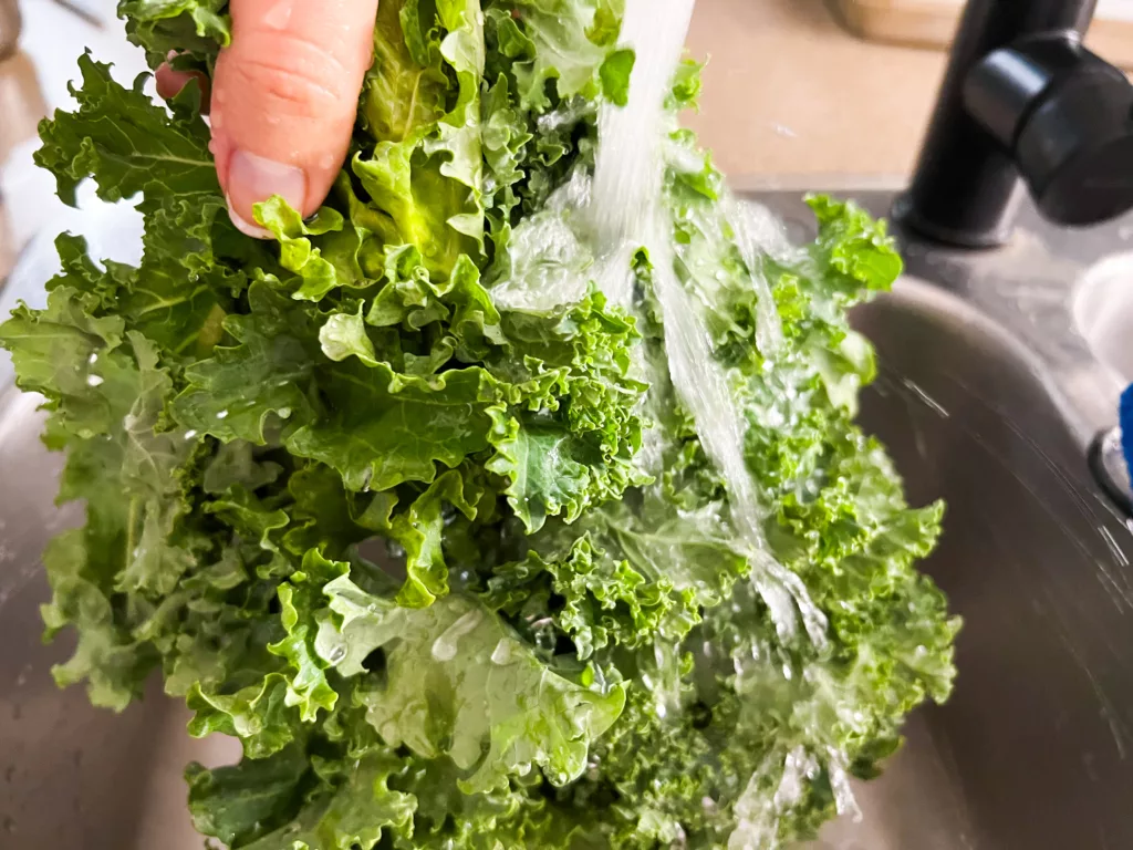 kale being washed in sink