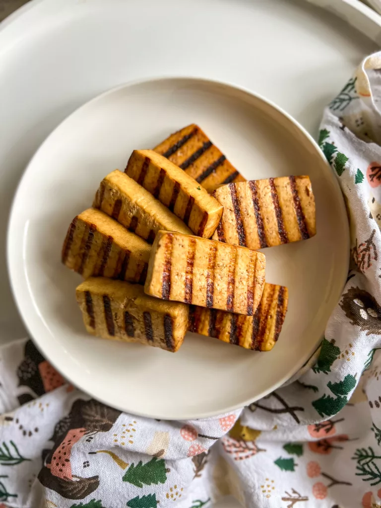 balsamic marinated tofu on white plate