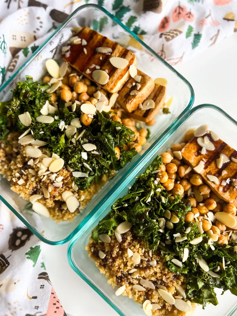 Maple Balsamic Kale and Quinoa and chickpeas in bowl meal prep recipe