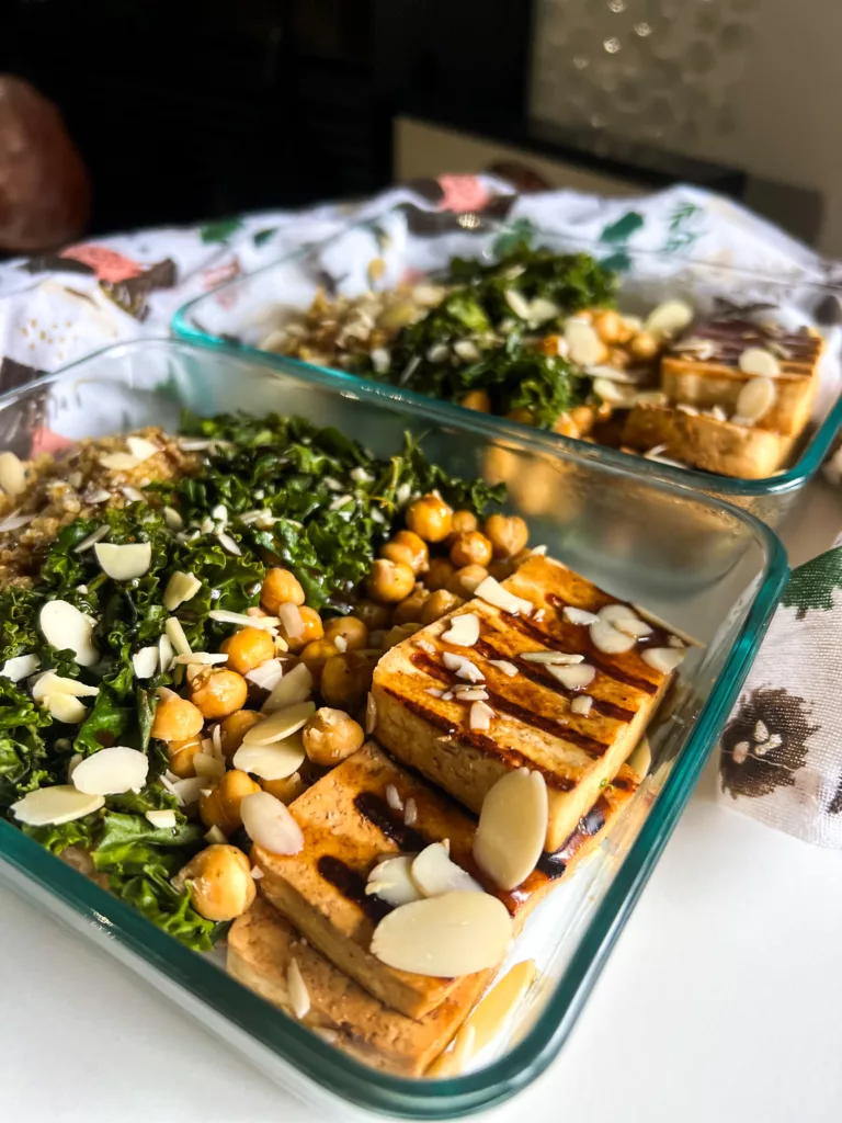 Maple Balsamic Kale and Quinoa and chickpeas in bowl meal prep