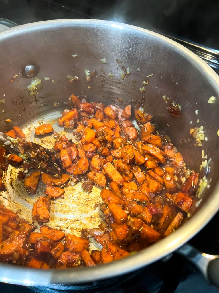 carrots and spices for vegan lentil stew base