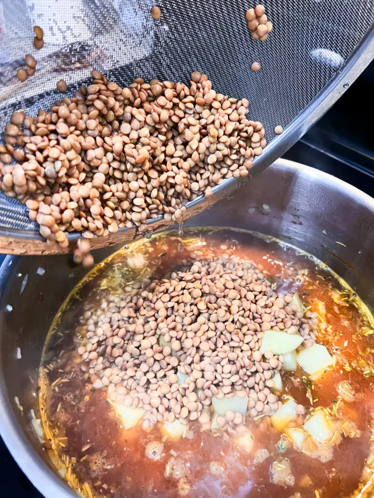 brown lentils added to the plant base lentil stew in pot