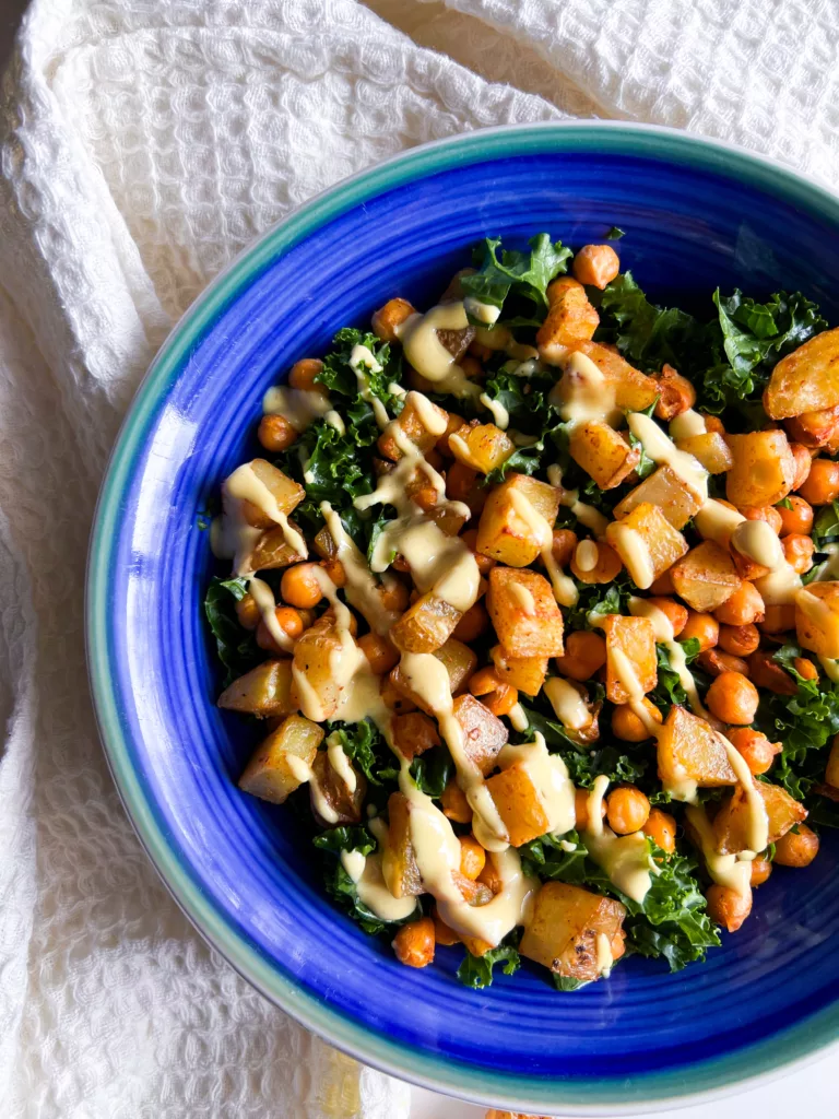 Kale Chickpea Salad Roasted Potato With Tahini Mustard Maple Dressing recipe