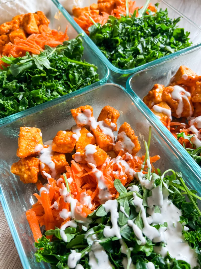 baked tofu bites with buffalo sauce recipe and kale meal prep