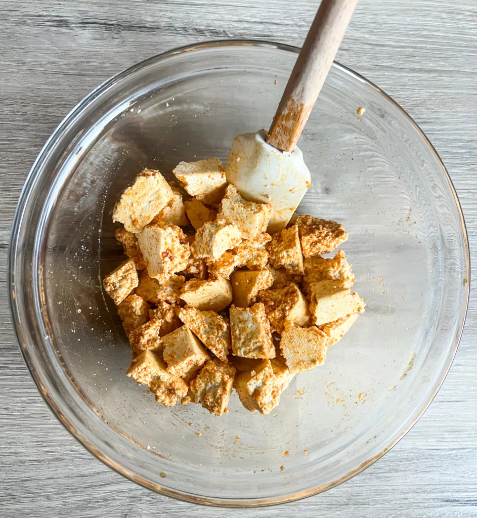 vegan tofu bites in marinade mixture