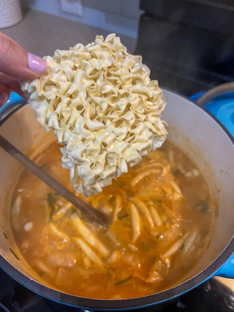 Vegan Gyoza Soup recipe holding noodles