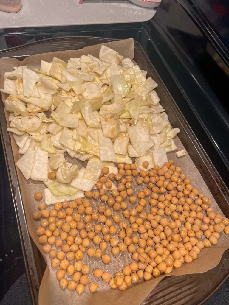 roasted chickpeas on sheet pan with cabbage