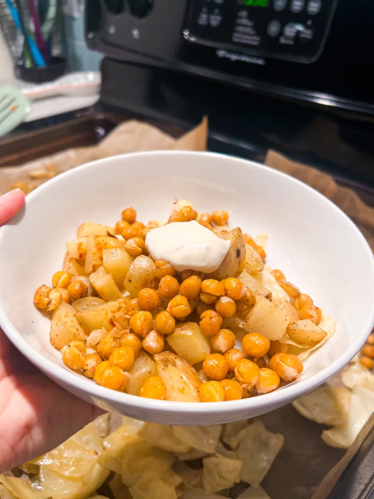 Roasted Chickpea Sheet Pan Dinner With Cabbage and Potatoes and Tahini Sauce