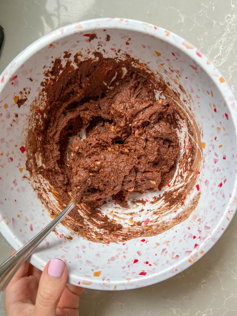 Vegan Fudge Chocolate No Bake Brownie Bars batter in bowl