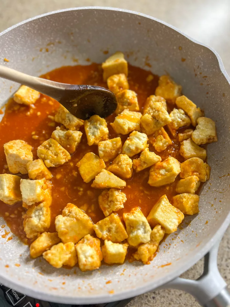 crispy gochujang tofu in pan marinade