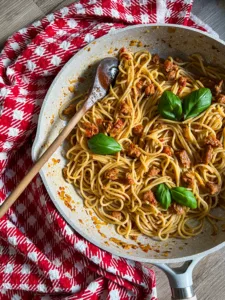 Pasta And Sun Dried Tomatoes With Vegan Sausage