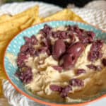 red lentil hummus with olives
