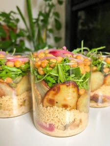 meal prep Salad with Chickpeas Roasted Potatoes and Brussels Sprouts