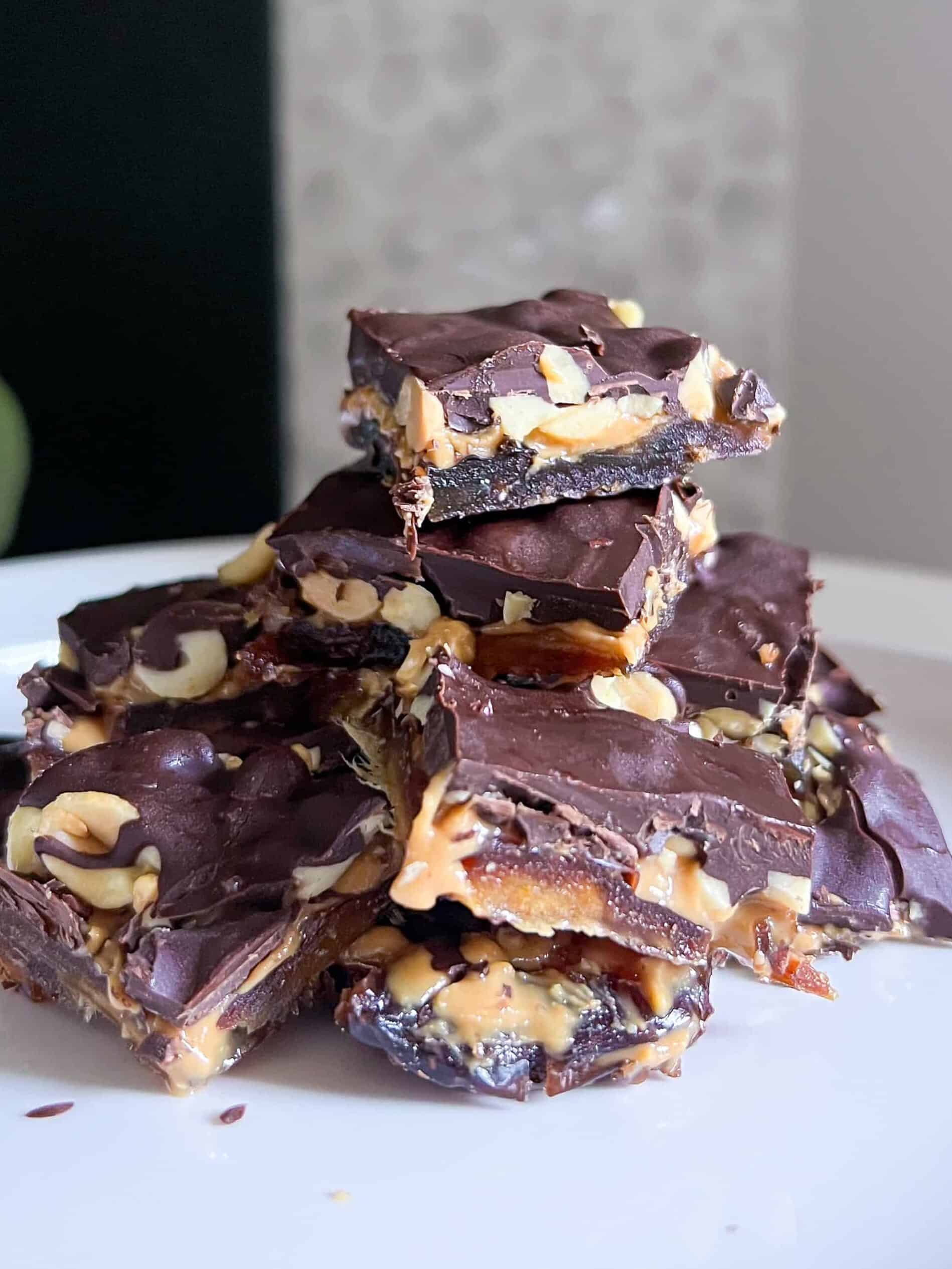 snickers date bark cut into squares