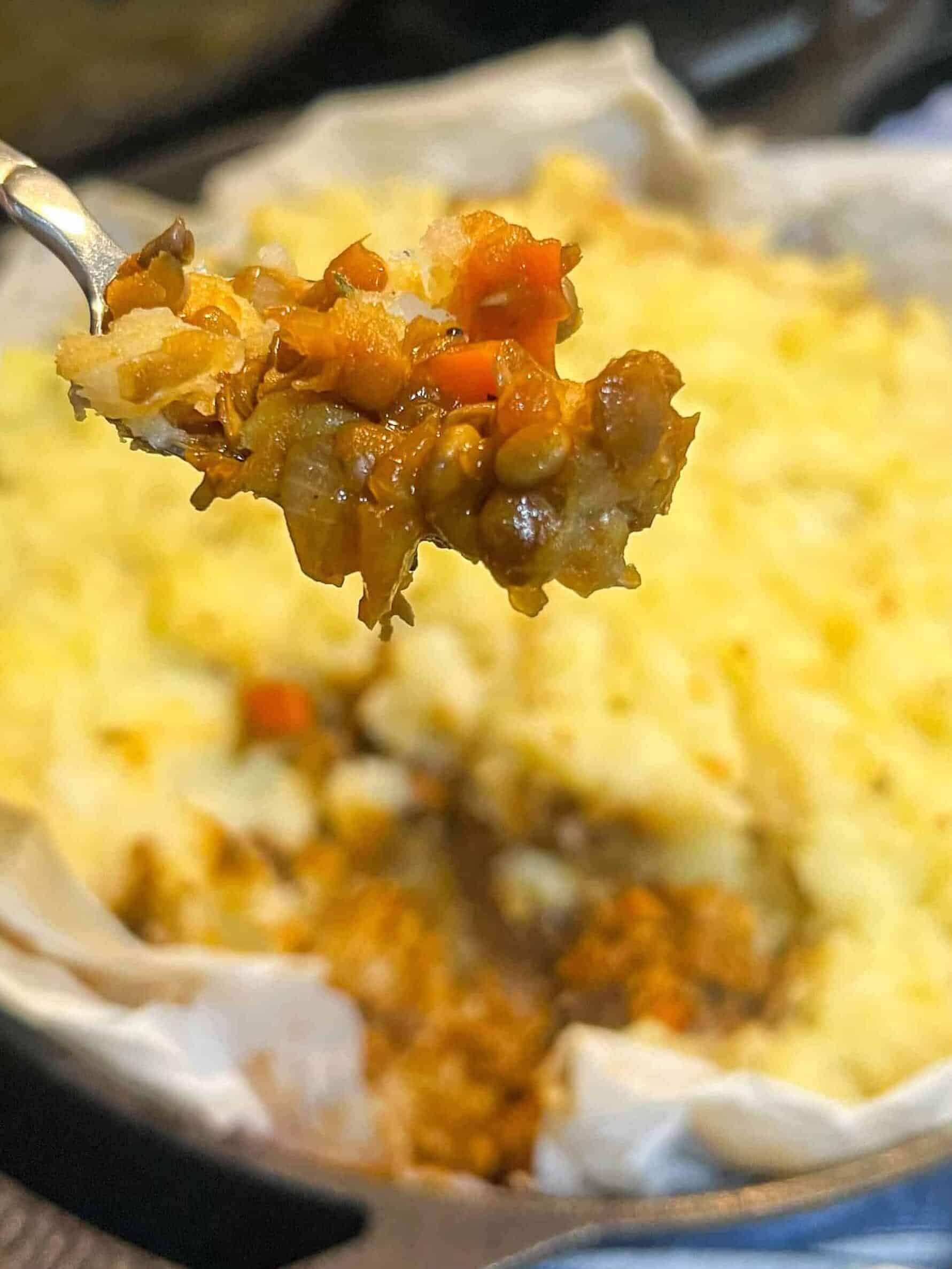 fork with lentil shepherds pie vegan