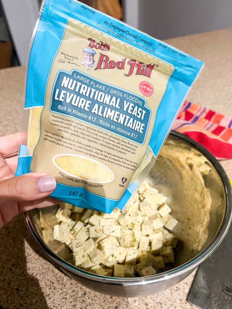 Bob Red Mills Nooch added to cubed tofu