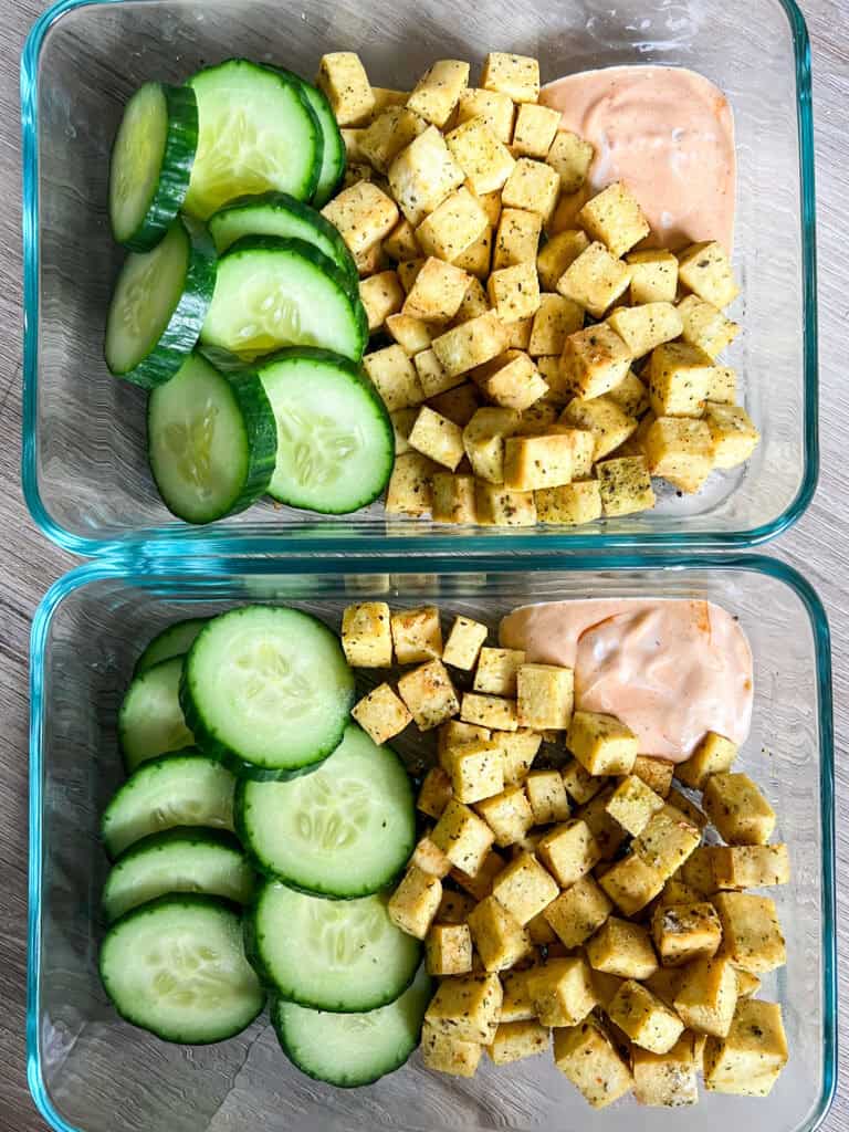 Lazy Vegan Meal Prep with tofu and cucumber
