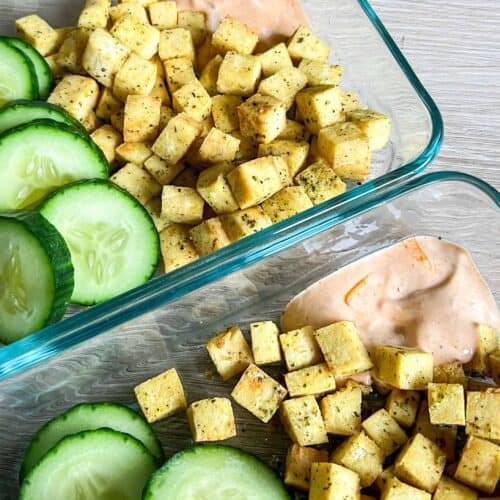 Lazy Vegan Meal Prep recipe with tofu and cucumber