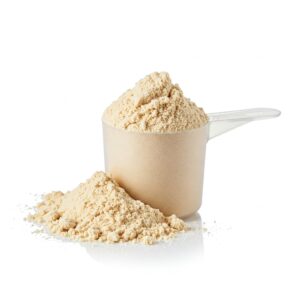 protein powder in a scoop with white background