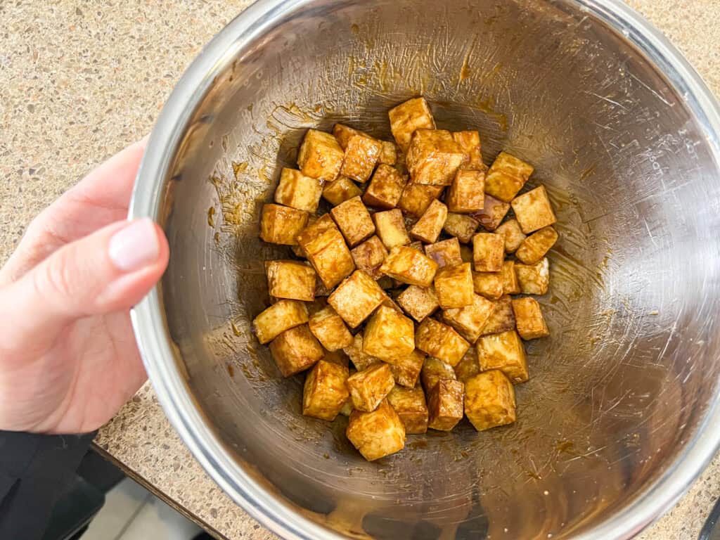 miso tofu in stainless steel bowl