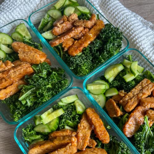 meal prep Kale Salad with Smokey Maple Tempeh