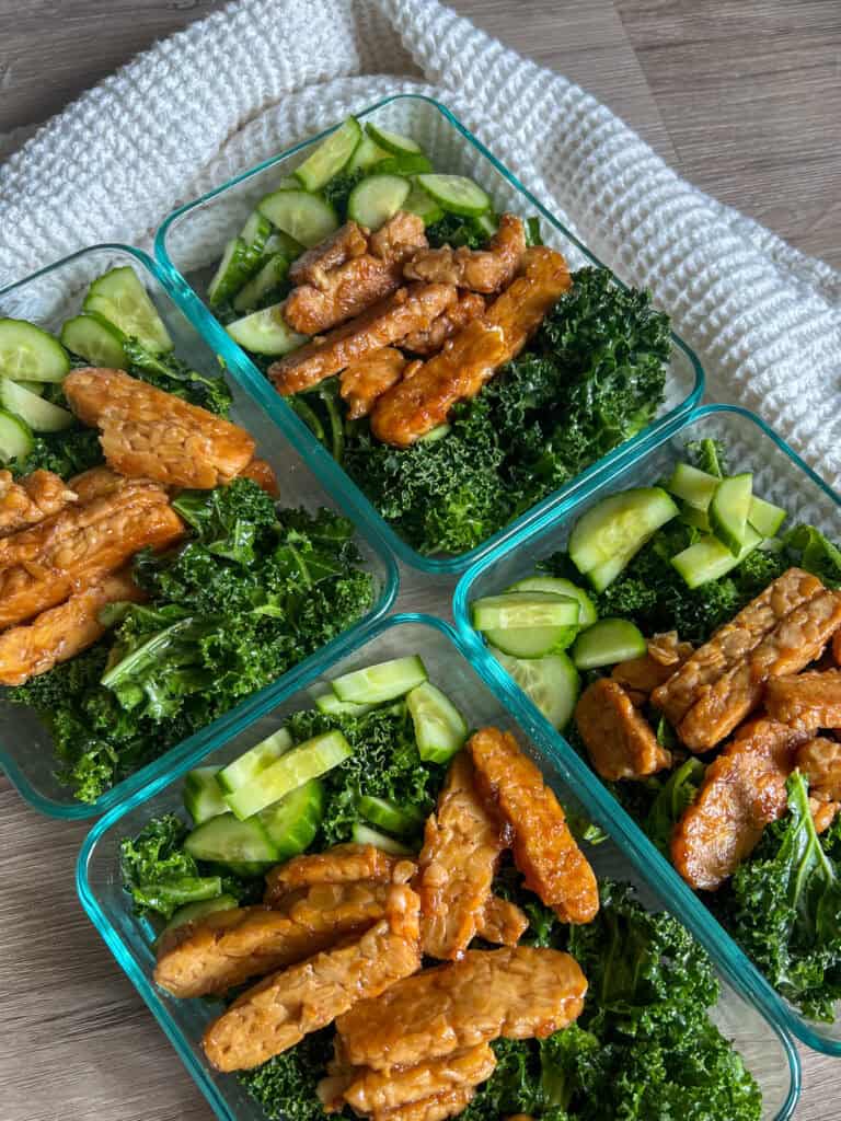 meal prep Kale Salad with Smokey Maple Tempeh