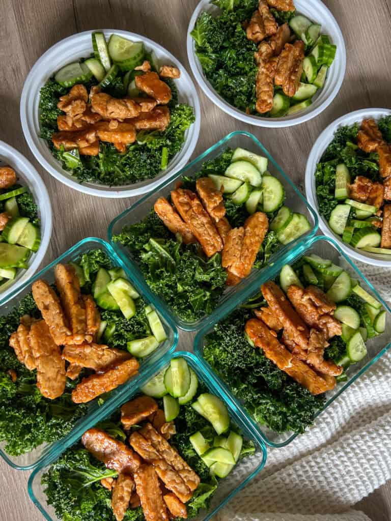 vegan meal prep Kale Salad with tempeh