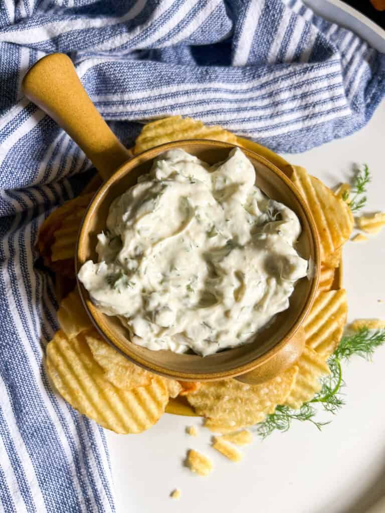 healthy dill pickle dip top shot
