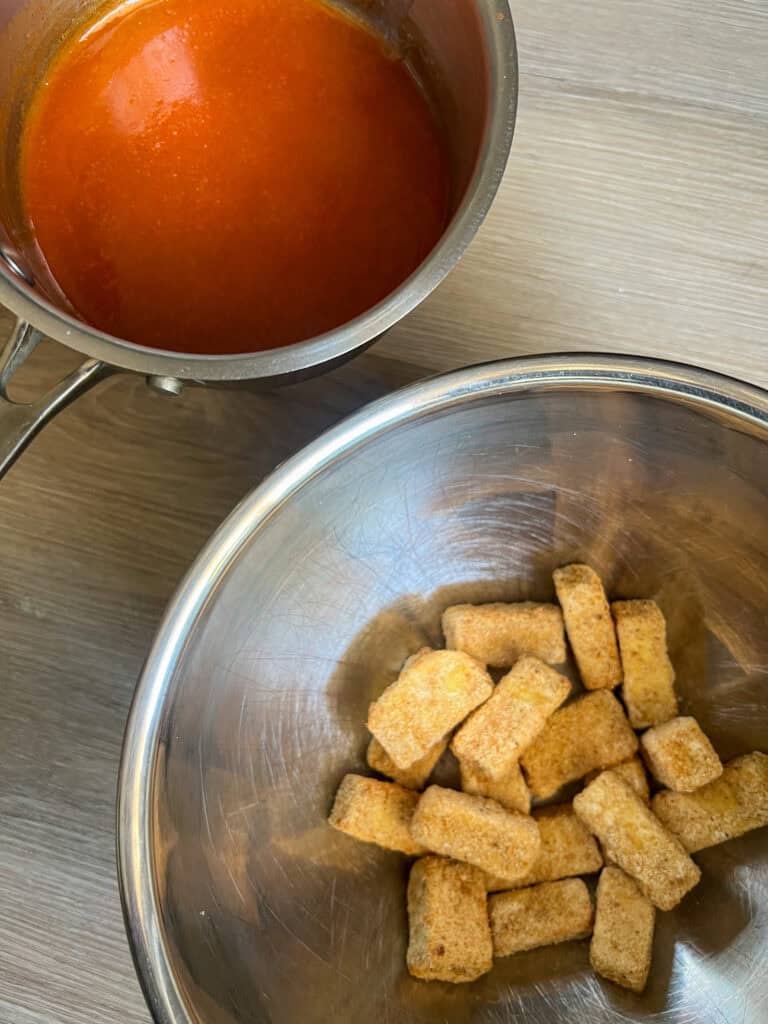 crispy tofu strips on bowl
